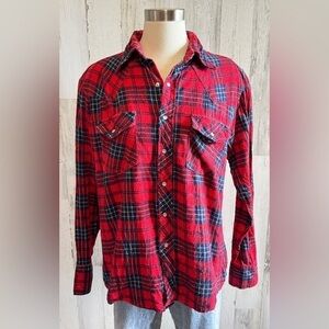 Vintage Dickies Red Navy Plaid pearl Button Shirt Cozy Flannel large‎ farm fall